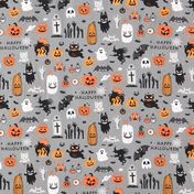 Halloween-mønsterstof med græskar, katte, flagermus og spøgelser på grå baggrund